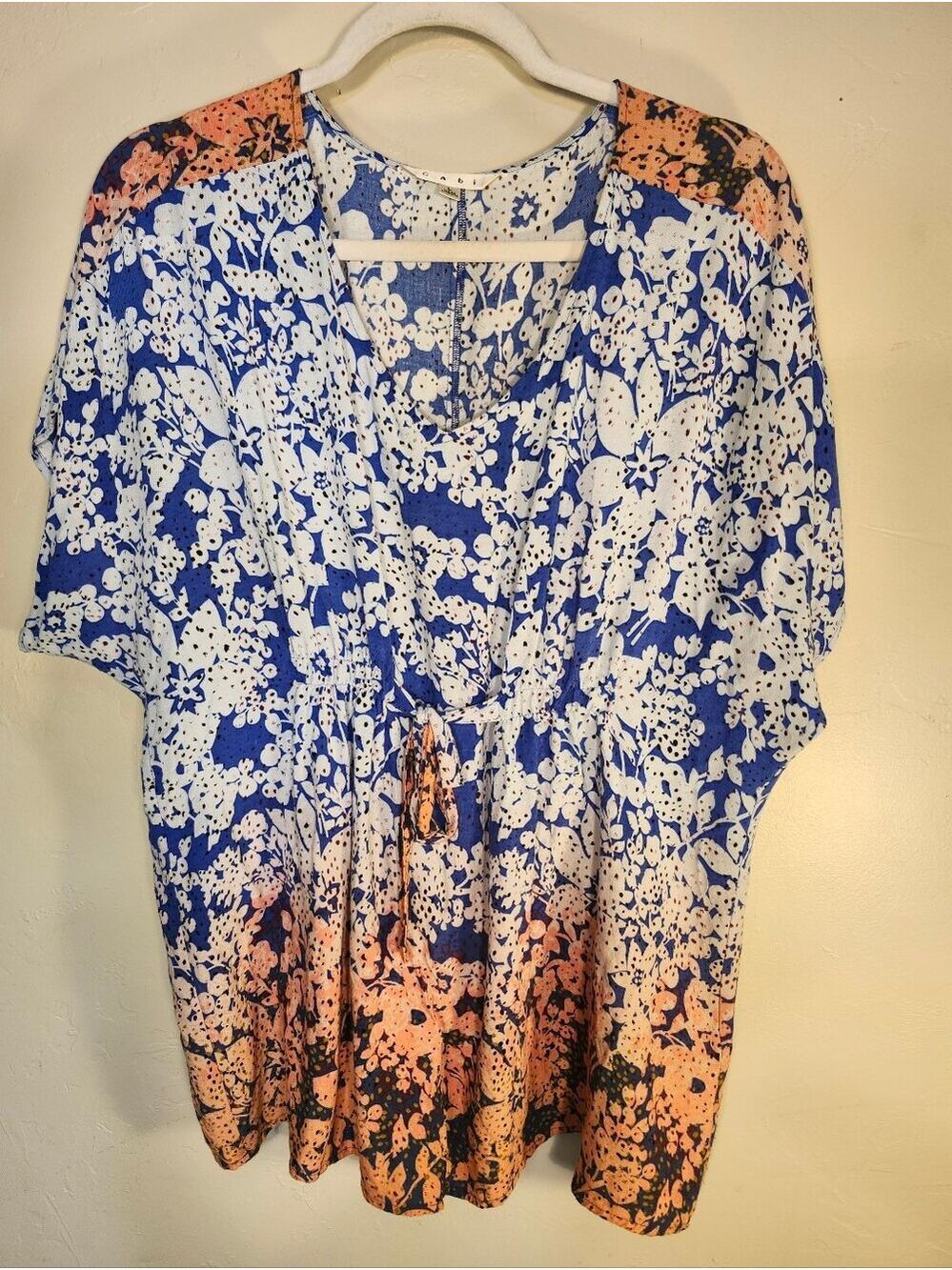 CAbi Blue and Peach Floral Tie-Front Tunic